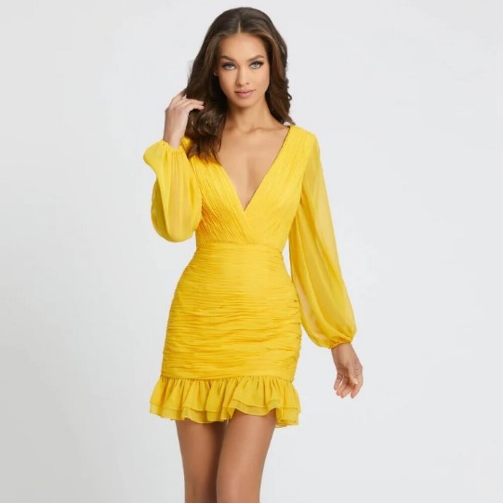 NWT Ieena by Mac Duggal 49123 Yellow Chiffon Bishop Sleeve Ruched Mini Dress
